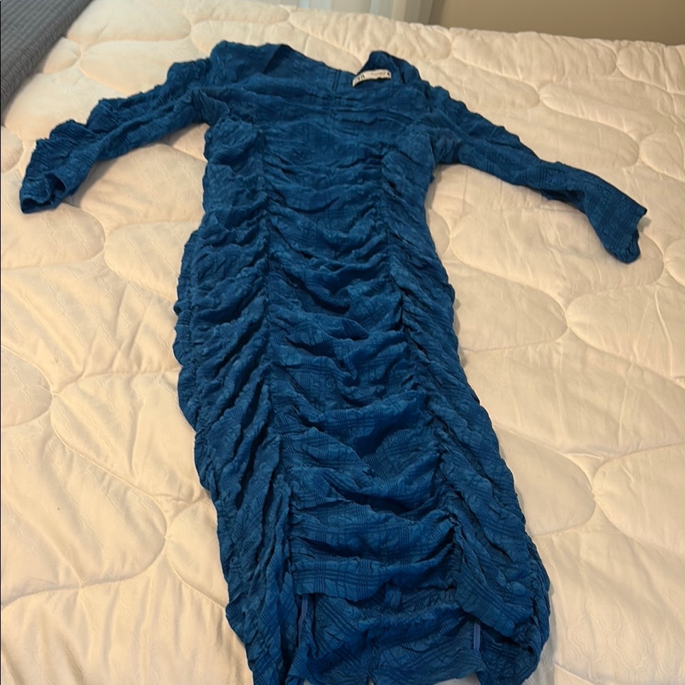 Zara Blue Asymmetrical Ruched Bodycon Dress